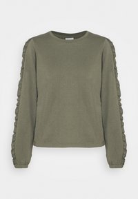 Maglietta a maniche lunghe verde oliva realizzata in tessuto morbido, con dettagli arricciati lungo le maniche e un collo rotondo.