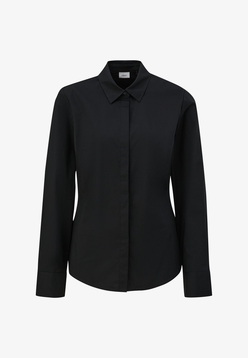 Chemise noire à manches longues avec des boutons, col pointu, en tissu lisse, coupe droite et design ajusté.