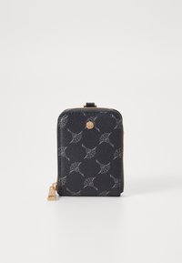 Navy leather wallet with a floral pattern, gold hardware, and a zip closure. Compact rectangular shape with a textured finish.