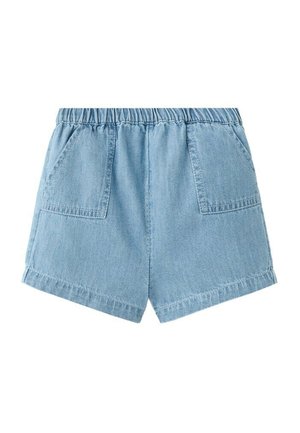 Svetlomodré rifľové šortky s elastickým pásom a dvoma prednými náprsnými vreckami, zobrazené na bielom pozadí.