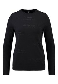 Maglione nero a maniche lunghe, collo rotondo e dettagli testurizzati con frasi ispiratrici su tutto il tessuto. Materiale morbido a maglia.