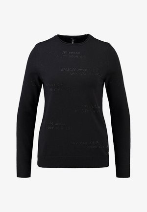 Maglione nero a maniche lunghe, collo rotondo e dettagli testurizzati con frasi ispiratrici su tutto il tessuto. Materiale morbido a maglia.