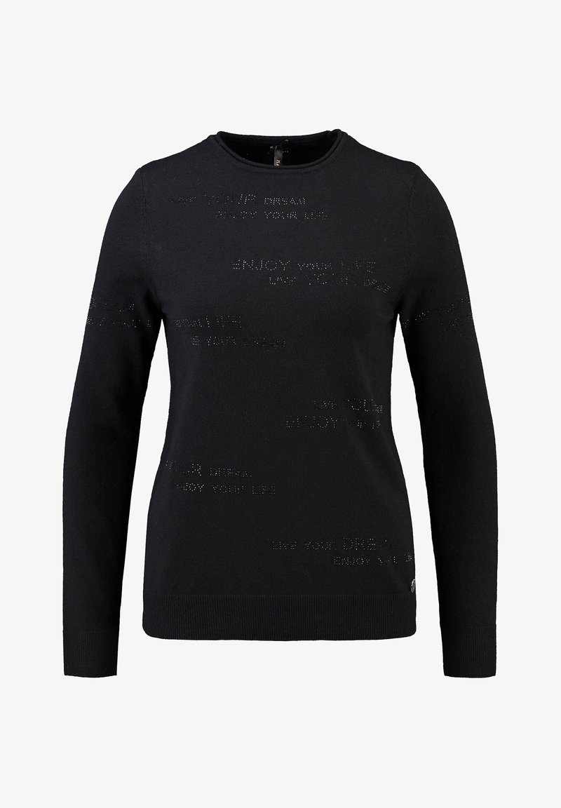 Maglione nero a maniche lunghe, collo rotondo e dettagli testurizzati con frasi ispiratrici su tutto il tessuto. Materiale morbido a maglia.