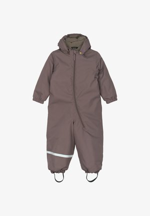 Brauner wasserdichter Schneeanzug mit Kapuze, Frontreißverschluss, elastischen Bündchen und reflektierendem Streifen. Verfügt über Beinlaschen für sicheren Sitz. Weiches Innenfutter.