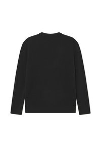 Svart ribbad tröja med långa ärmar, rund halsringning och en strukturerad yta. Baksidan har en sömlös design och fåll vid midjelen.
