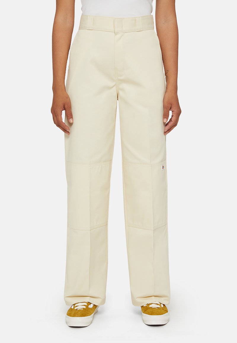 Beige wijde broek gemaakt van een katoenmix, met een hoge taille, gestikte panelen en een subtiele logopatch aan de zijkant.