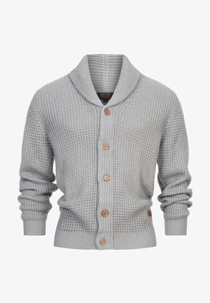 Hellgraue gestrickte Strickjacke mit einem Schalkragen, Holzknöpfen und gerippten Bündchen. Verfügt über ein strukturiertes Muster und eine taillierte Silhouette.