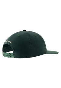 Cappellino da baseball verde scuro regolabile con "MOVE SLOW" ricamato vicino all'apertura posteriore, mostrato di lato.