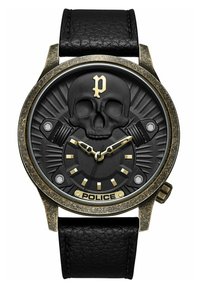 Schwarze Lederarmbanduhr mit einem runden bronzefarbenen Gehäuse, das ein schwarzes Totenkopfdesign auf dem Zifferblatt und goldene Akzente für die Stundenmarkierungen und Zeiger aufweist.