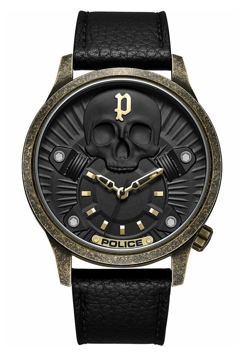 Schwarze Lederarmbanduhr mit einem runden bronzefarbenen Gehäuse, das ein schwarzes Totenkopfdesign auf dem Zifferblatt und goldene Akzente für die Stundenmarkierungen und Zeiger aufweist.