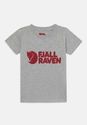 Gray cotton t-shirt featuring a large red printed logo that includes a stylized fox and the text "FJÄLL RÄVEN" below it. Short sleeves, crew neck.