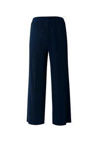 Marinblå vida byxor med ribbat mönster, elastisk midja och flödande silhuett. Inga fickor eller synliga detaljer i metall.