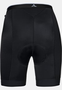 Schwarze Kompressionsshorts mit einer glatten, matten Oberfläche. Verfügt über ein texturiertes Panel an den Seiten und einen gepolsterten Bereich für zusätzlichen Komfort.