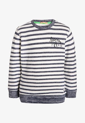 Gestreifter Sweatpullover mit navyblauen und weißen horizontalen Streifen, rundem Ausschnitt und gerippten Bündchen. Verfügt über eine kleine Grafik auf der Brust.