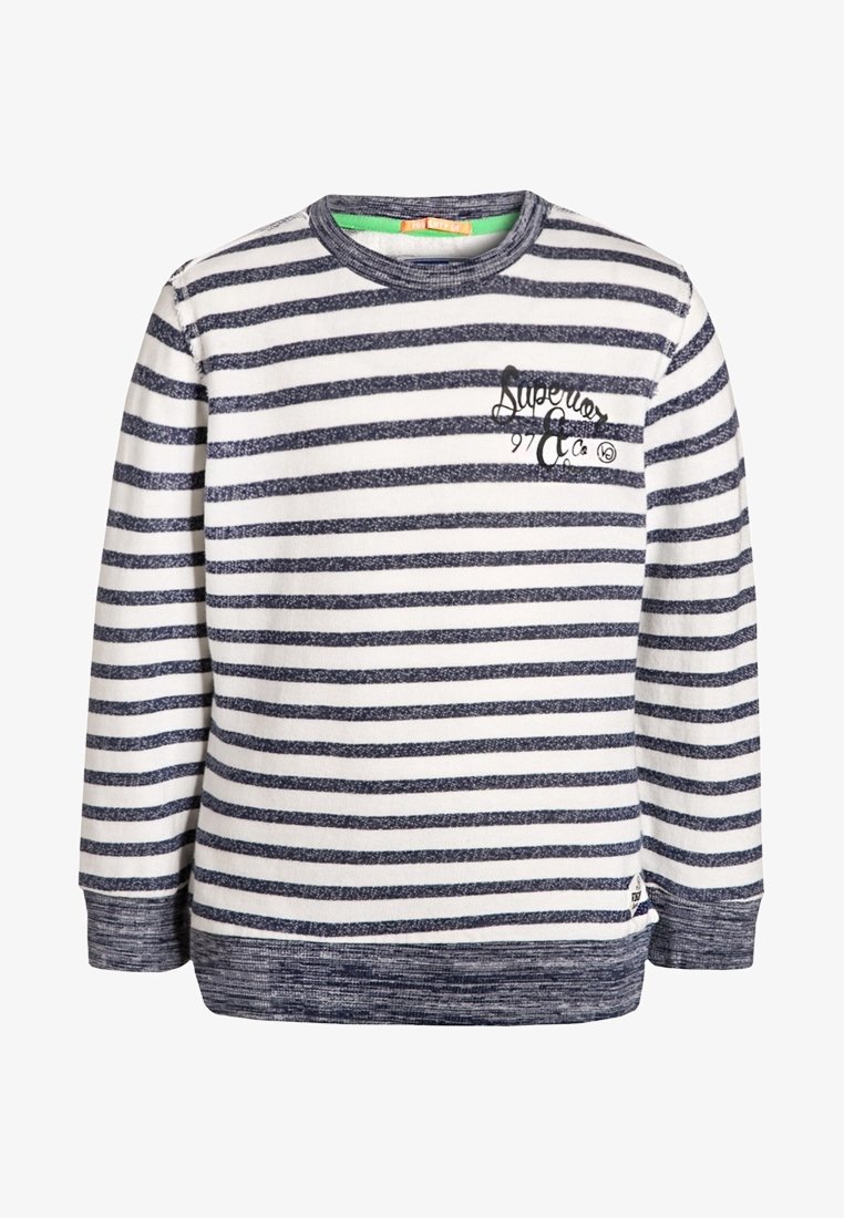 Sweatshirt rayé avec des rayures horizontales bleu marine et blanches, col rond et poignets côtelés. Présente un petit graphique sur la poitrine.