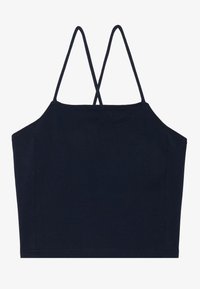 Marineblå, kort tanktop med tynne, kryssende stropper. Laget av et glatt stoff, med et enkelt, uembellert design.