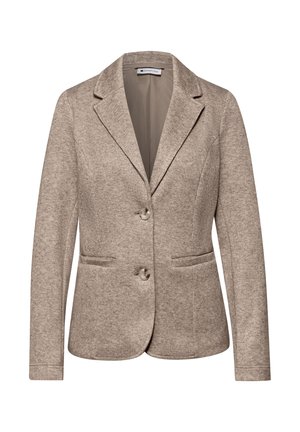 Beżowy damski żakiet z klapami z wycięciem, dwoma przednimi guzikami, długimi rękawami i dwoma poziomymi kieszeniami w szwie, wykonany z teksturowanego materiału.