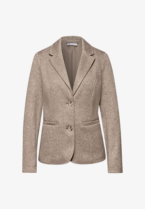 Beigenvärinen naisten bleiseri, jossa on lovikaulukset, kaksi etunappia, pitkät hihat ja kaksi vaakasuuntaista halkiolokeroa, teksturoitu kangas.