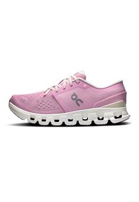 Pink running shoe with a mesh upper, white accents, and a segmented sole for cushioning. Features minimal branding and lace-up design.