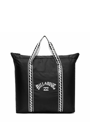 Sort Billabong tote taske med hvide wave-mønstrede håndtag og logo på frontlommen, rektangulær form med lynlås øverst.