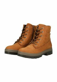 Stivali ankle in pelle marrone con lacci e zip laterale, caratterizzati da una punta rotonda e una suola in gomma robusta. Finitura in suede testurizzato.