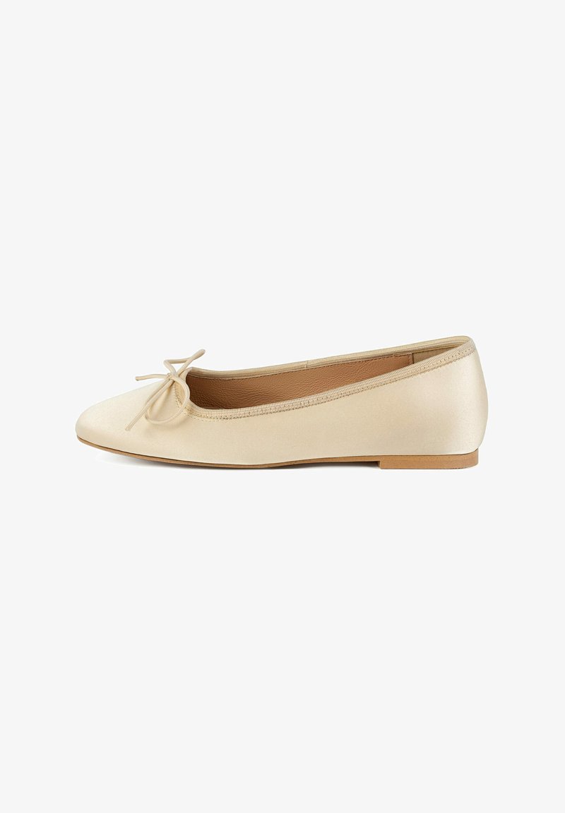 Beige satin ballet flats with a rounded toe, featuring a small bow detail and a flat sole. Smooth texture and minimalistic design.