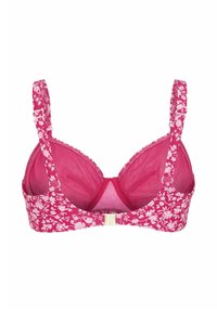 Blommönstrad rosa behå med genomskinliga kupor, justerbara band och metallkläppen i ryggen.