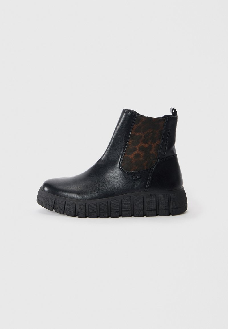 Sorte skinn ankle boots med et teksturert brunt leopardmønster på elastisk sidestykke og en kraftig, rippet gummisåle.