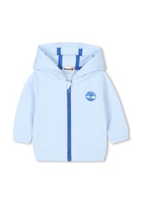 Lichtblauwe zip-up hoodie van zachte stof, met een blauw logo op de borst, geribbelde manchetten en een verstelbare capuchon met een dubbele streep.