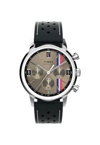 Zegarek Timex Marlin chronograph z stalową kopertą, beżową tarczą, czarnym perforowanym skórzanym paskiem i akcentami w kolorze czerwono-niebieskim.