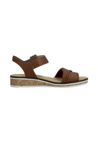 Brown leather open-toe sandal with adjustable strap, cushioned insole, and thick cork sole with white tread detailing.