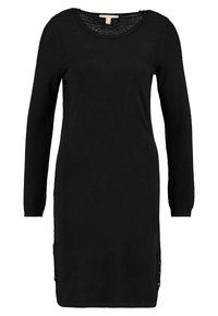 Abito nero lavorato a maglia con maniche lunghe, colletto rotondo, sezione superiore testurizzata e dettagli con bottoni lungo l'orlo laterale. Design semplice e aderente.