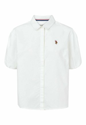 Valge lühikeste varrukate ja nööpidega särk, millel on sirge lõige, krae ja vasakul rinnal tikandiga logo. Pehme kangas, millel on sile tekstuur.