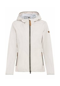 Veste beige clair à capuche avec fermeture éclair frontale, deux poches latérales zippées et détails de tirettes de fermeture éclair en cuir marron.