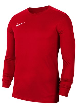 Chemise de sport rouge à manches longues avec col rond et logo Nike swoosh blanc sur le côté droit de la poitrine.