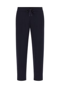 Los pantalones de chándal en color navy, confeccionados con un tejido suave, cuentan con una cintura elástica y cordón ajustable. Tienen un corte entallado y una textura lisa.