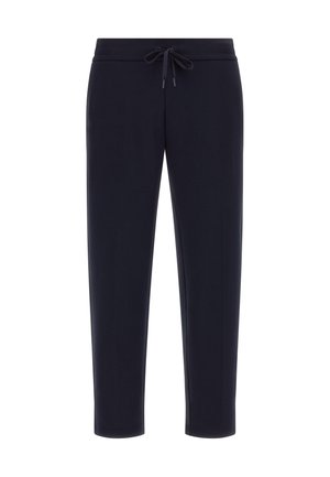 Navy sweatpants made from soft fabric feature an elastic waistband with a drawstring. They have a tapered cut and smooth texture.