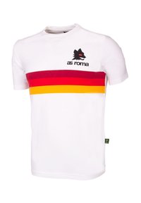 Witte katoenen t-shirt met een horizontaal patroon van rode, oranje en gele strepen, met een zwart wolf-logo en de tekst "as roma" op de borst.