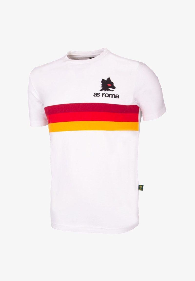 Witte katoenen t-shirt met een horizontaal patroon van rode, oranje en gele strepen, met een zwart wolf-logo en de tekst "as roma" op de borst.