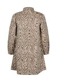 Beige linnen shirt jurk met een zigzag tijgerstreep patroon, lange mouwen en een knoopdetail bij de manchetten. Gepofte kraag en een losse pasvorm.