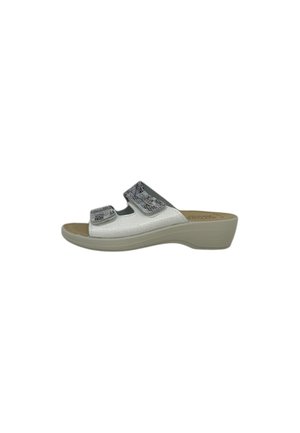 Sandalo con zeppa bianco con due cinturini regolabili con motivo grigio testurizzato e suola sagomata beige per il comfort.