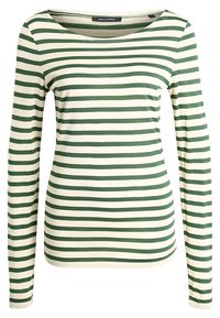 Long-sleeve shirt in cream with alternating green stripes. Features a rounded neckline and soft, stretchy fabric for comfort.