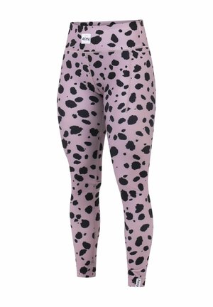 Leggings roses avec un motif à pois noirs, taille haute et texture lisse. Comprend une petite étiquette de logo au niveau de la taille.