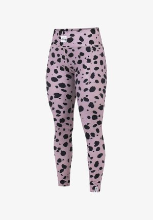 Leggings roses avec un motif à pois noirs, taille haute et texture lisse. Comprend une petite étiquette de logo au niveau de la taille.