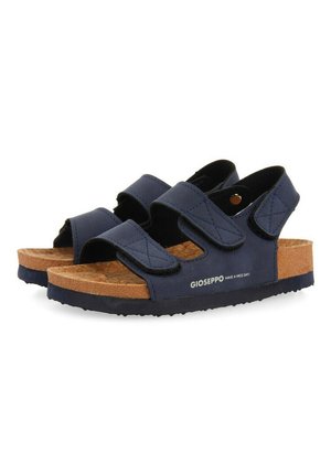 Sandalias azul oscuro con correas ajustables de Velcro, plantilla de corcho y suela texturizada negra. Destacan con la marca "GIOSEPPO".