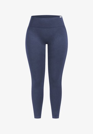 Hoch taillierte, marineblaue Leggings aus dehnbarem Stoff, mit glatter Textur und einer engen Passform, die dezente vertikale Muster aufweist.