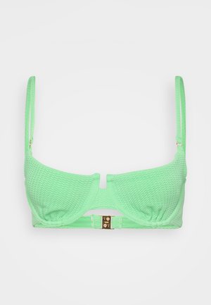 Zelený textúrovaný bikiny top s cik-cak vzorom, nastaviteľnými popruhmi a zlatým uzatváraním na chrbte.