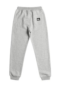 Pantalones de chándal grises hechos de una tela suave, con una cinturilla elástica, puños en los tobillos y un bolsillo trasero con un pequeño parche de logo.