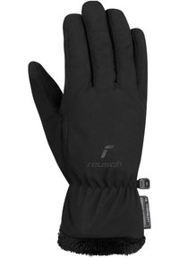 Black gloves with a smooth outer material, featuring a fluffy cuff and adjustable wrist closure. Logo printed on the back.