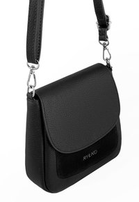 Black textured leather crossbody bag with flap, detachable strap, silver hardware, and "RYŁKO" logo on front pocket.